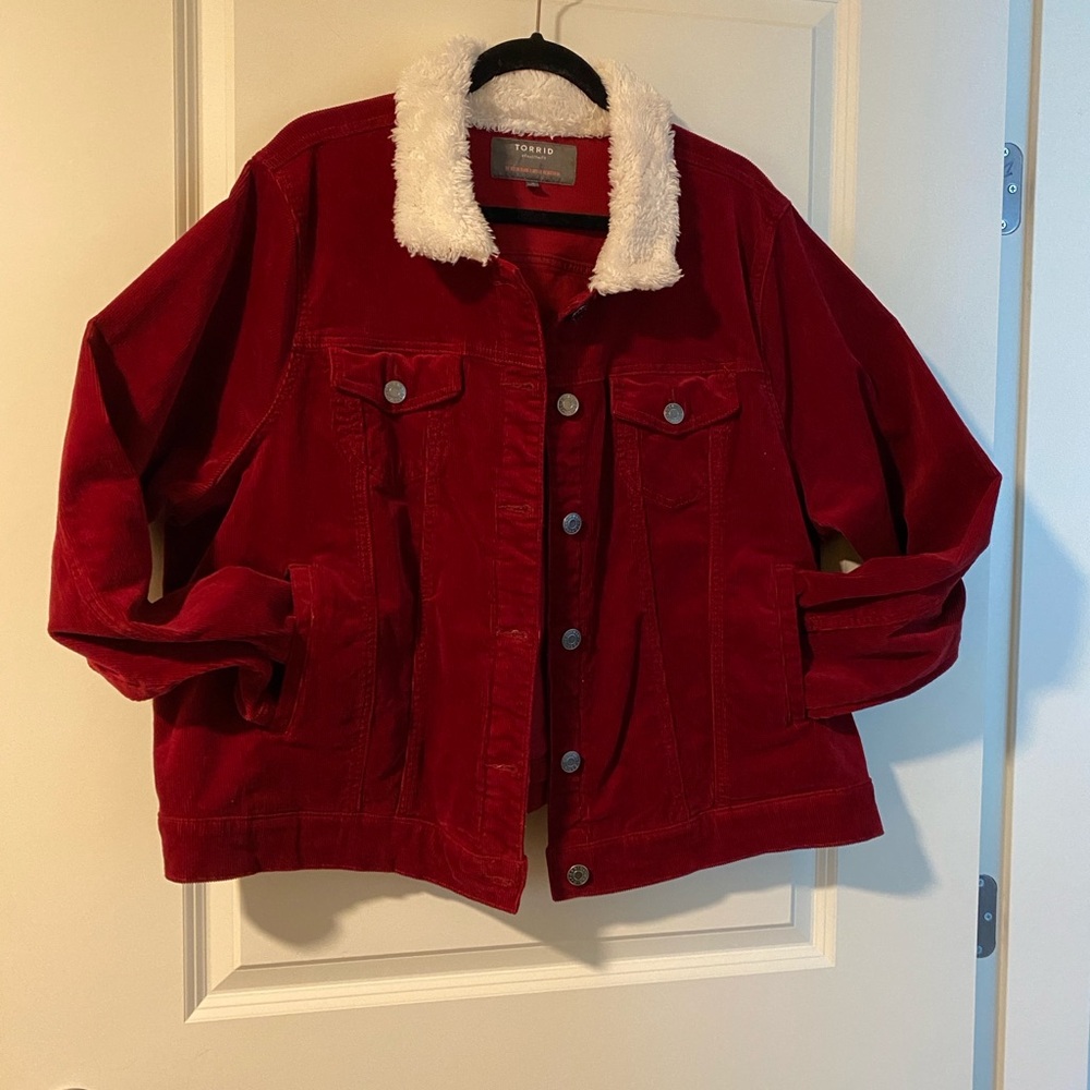 Torrid Red Corduroy Jacket with White Sherpa Collar
